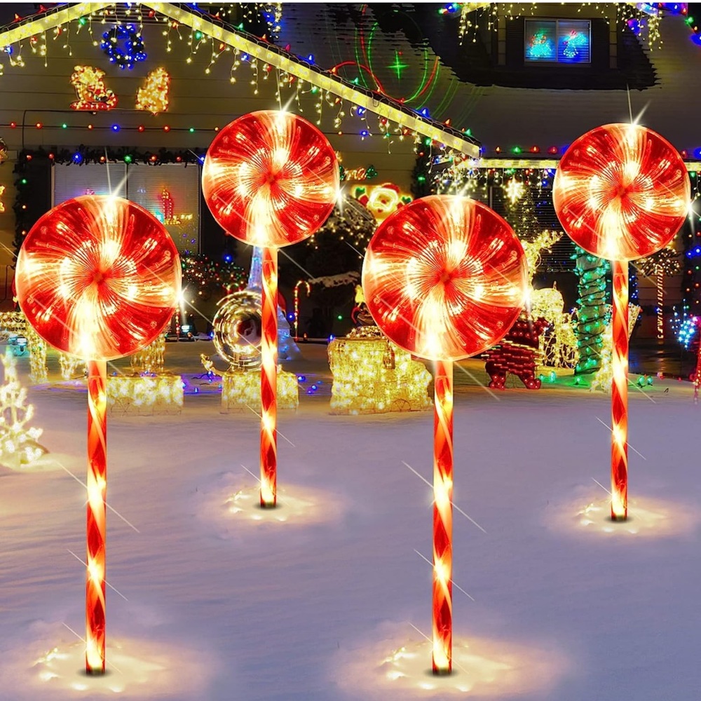 4 pcs Christmas Lollipop Path Lights, Outdoor Christmas Decorations with 8 Light